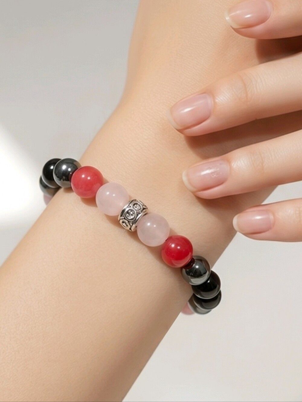 Hematite Rose Quartz Lepidolite Bead Bracelet Pink Crystal Bead Stretch Jewelry